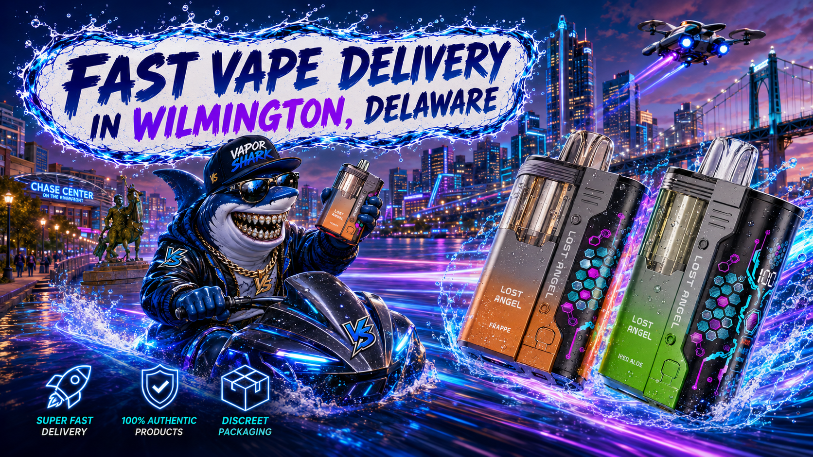 Lost Angel vape devices in Frappe and Iced Aloe flavors displayed with sleek design beside Vapor Shark mascot.