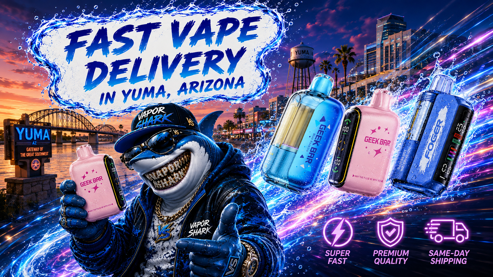 Geek Bar and Foger vape devices displayed with vibrant Yuma city sunset backdrop and Vapor Shark mascot.