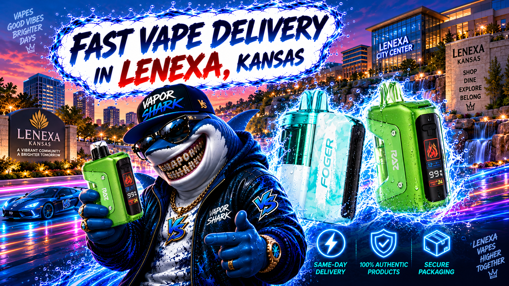 RAZ green vape device with digital display, shown alongside FOGER and RAZ models under Vapor Shark branding.