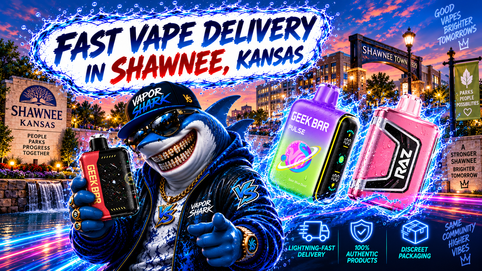 Geek Bar, Geek Bar Pulse, and RAZ vape devices with Vapor Shark branding displayed together in Shawnee promotion.
