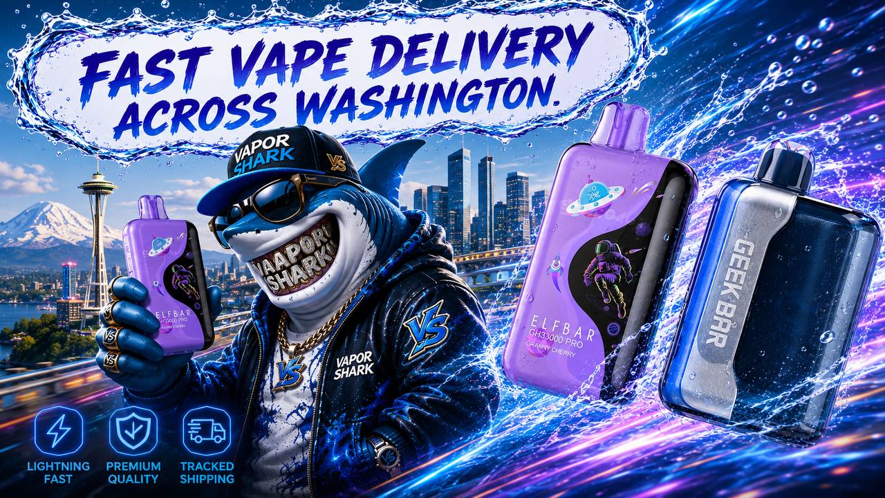 Elf Bar GH33000 Pro and Geek Bar disposable vape devices with water splash effect and vibrant blue background