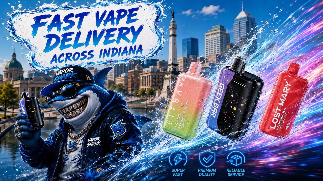 Fast Vape Delivery Across Arizona banner featuring the Vapor Shark mascot holding a Geek Bar vape alongside Elf Bar, Geek Bar, and Lost Mary disposable vapes racing through a modern city skyline with colorful energy trails, dynamic water waves, and realistic water splashes. A bold brush-style headline inside a wave-shaped frame highlights fast vape delivery, while glowing icons emphasize super-fast shipping, premium quality, and reliable service. The vibrant daytime scene creates an eye-catching advertisement for an online vape shop offering authentic products and fast delivery.