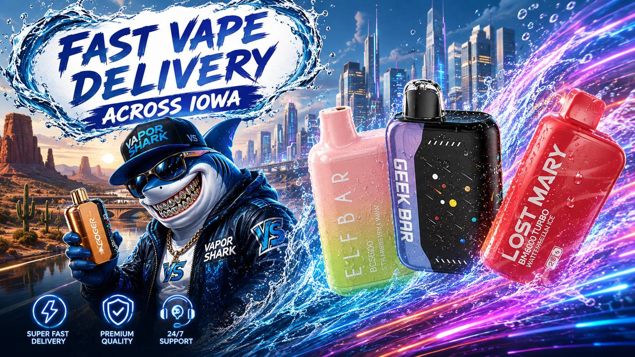A vibrant promotional banner showcases three colorful disposable vapes racing through swirling water and glowing energy trails, alongside a smiling shark mascot holding a vape device. The bold headline reads 