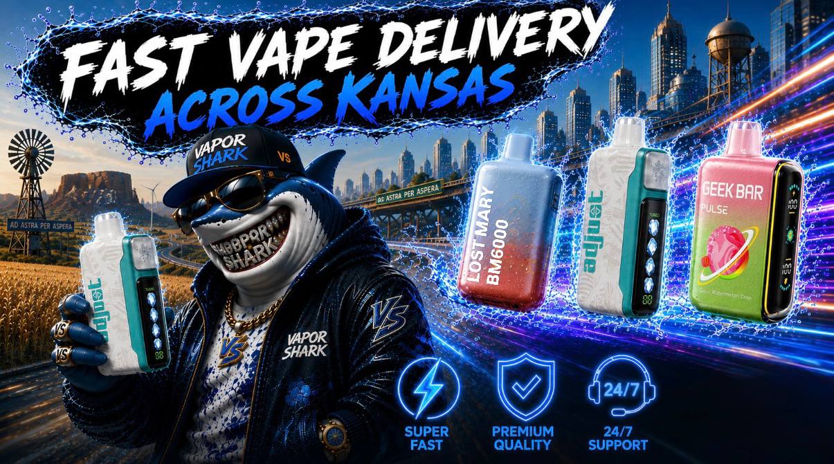 Fast vape delivery across Kansas from Vapor Shark featuring popular disposable vapes, including Geek Bar, Lost Mary, and Adjust. The promotional banner highlights authentic products, premium quality, same-day shipping, and reliable customer support. Order disposable vapes online with fast delivery throughout Kansas.