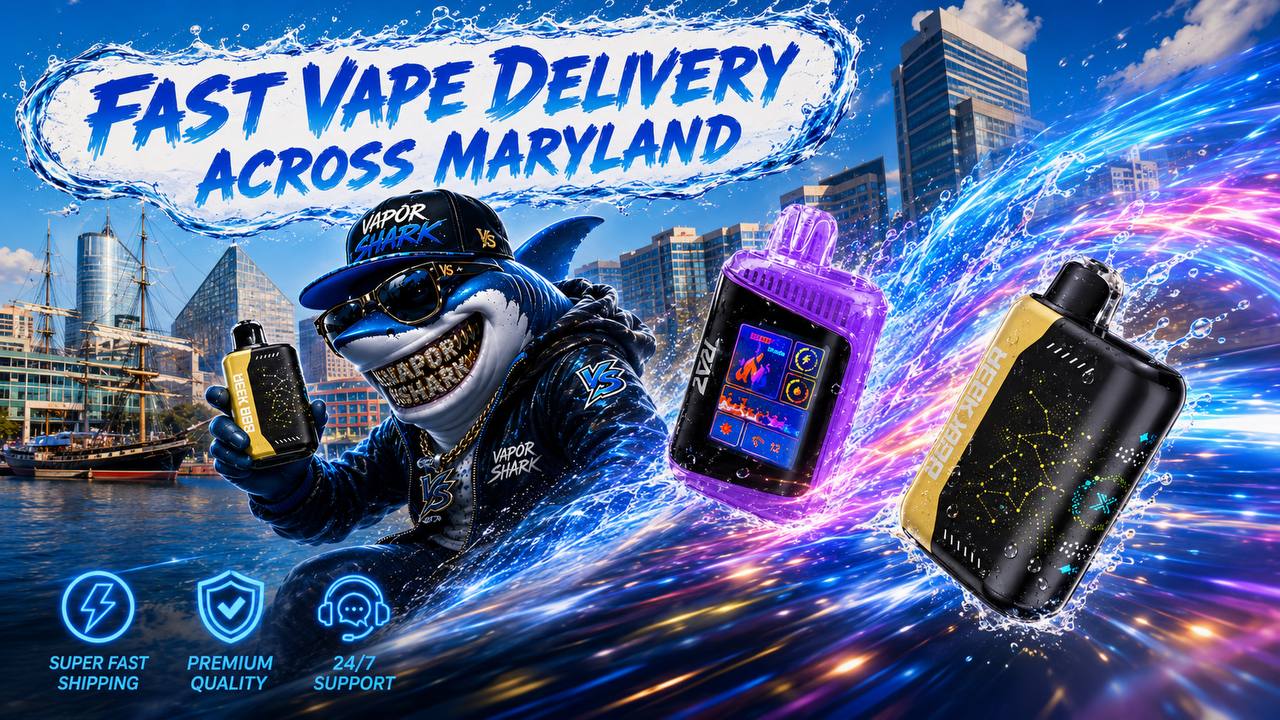 A bold promotional banner features a stylish shark wearing sunglasses and holding a disposable vape while riding through a colorful wave with the Maryland skyline in the background. The headline 