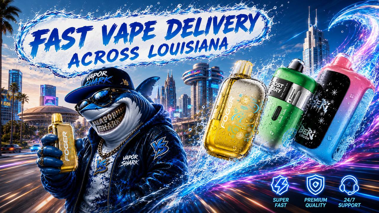 A striking promotional banner features a fashionable shark mascot holding a gold disposable vape while standing in front of a futuristic Louisiana city skyline filled with glowing skyscrapers. Colorful disposable vape devices emerge from swirling water waves and neon light trails beneath the bold headline 