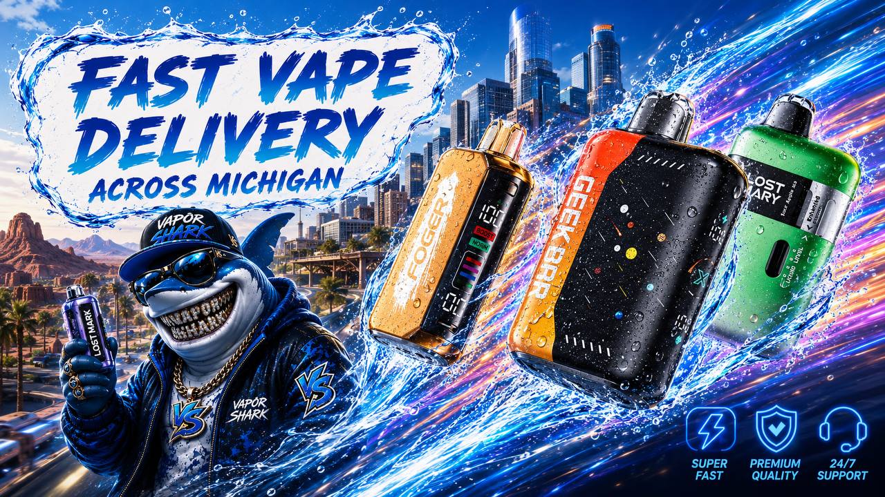A bold advertising banner showcases a fashionable cartoon shark wearing sunglasses and streetwear while holding a disposable vape against a vibrant urban skyline. Three colorful vape devices soar through dynamic water splashes, creating a sense of speed and motion alongside the large “FAST VAPE DELIVERY ACROSS MICHIGAN” headline. Bright neon icons representing fast shipping, premium quality, and 24/7 customer support complete the energetic and modern promotional design.