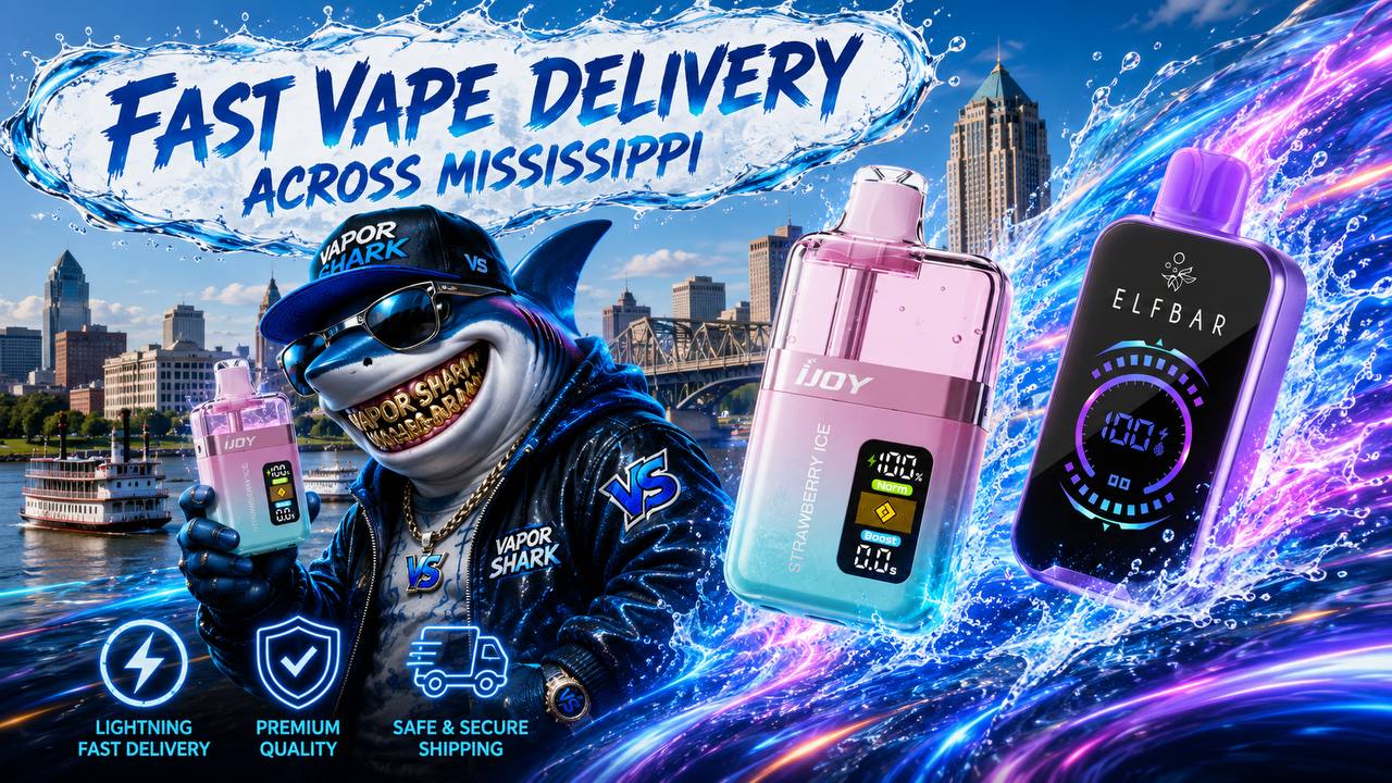 Promotional Vapor Shark banner featuring fast vape delivery across Mississippi with a shark mascot holding an IJOY disposable vape beside a city skyline. The image showcases IJOY and Elf Bar disposable vapes, emphasizing premium quality, authentic products, and safe, secure shipping. Dynamic water effects and vibrant colors highlight fast delivery, trusted service, and convenient online vape shopping.