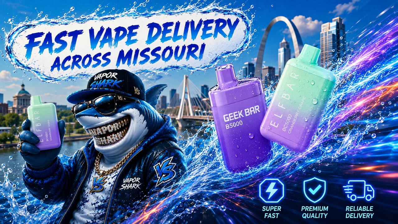 A colorful promotional banner features a stylish shark mascot holding an ELFBAR disposable vape while three additional disposable vapes speed across a futuristic Missouri skyline surrounded by splashing water, glowing energy trails, and mist effects. Famous Missouri landmarks, including the Gateway Arch and the Old Courthouse, appear in the bright daytime background, reinforcing fast statewide vape delivery. A bold headline inside a water-shaped frame and glowing service icons emphasize premium quality, reliable shipping, and fast vape delivery across Missouri.