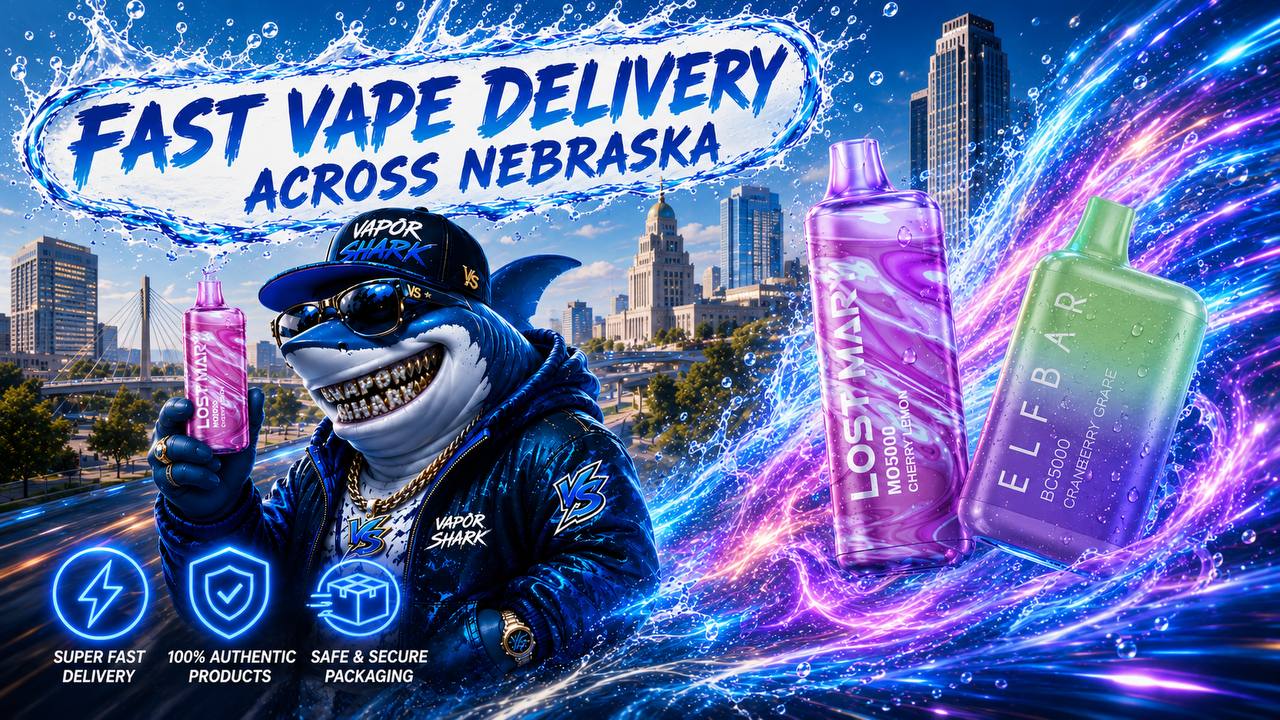A vibrant promotional banner showcases fast vape delivery across Nebraska, featuring a stylish shark mascot holding a Lost Mary disposable vape in front of a modern Nebraska skyline with recognizable landmarks. Two premium disposable vapes race through swirling water splashes and colorful energy trails, creating a dynamic sense of speed, freshness, and motion. Bright service icons highlight super fast delivery, 100% authentic products, and safe & secure packaging, reinforcing a reliable and professional shopping experience.