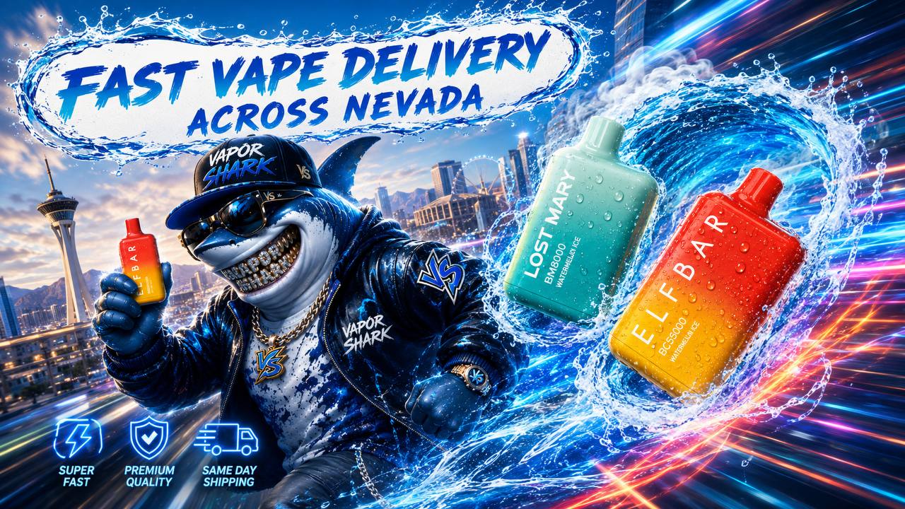 A vibrant promotional banner features a cartoon shark wearing streetwear and sunglasses while holding a colorful vape device in front of the Nevada skyline. The bold headline reads “Fast Vape Delivery Across Nevada,” with icons highlighting super-fast service, premium quality, and same-day shipping. Two disposable vape devices are displayed inside a dramatic wave, surrounded by water splashes, glowing light trails, and energetic visual effects.