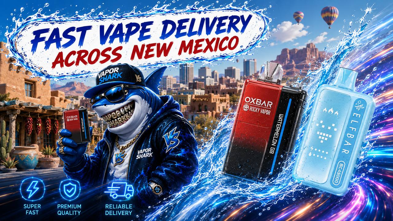 A bold promotional banner features a cartoon shark wearing sunglasses and a blue jacket while holding a vape device in front of a New Mexico city skyline and desert landscape. The headline reads “Fast Vape Delivery Across New Mexico,” with glowing icons highlighting super-fast service, premium quality, and reliable delivery. Two vape products are showcased inside a dynamic ocean wave, surrounded by water splashes, colorful light streaks, and hot air balloons in the sky.
