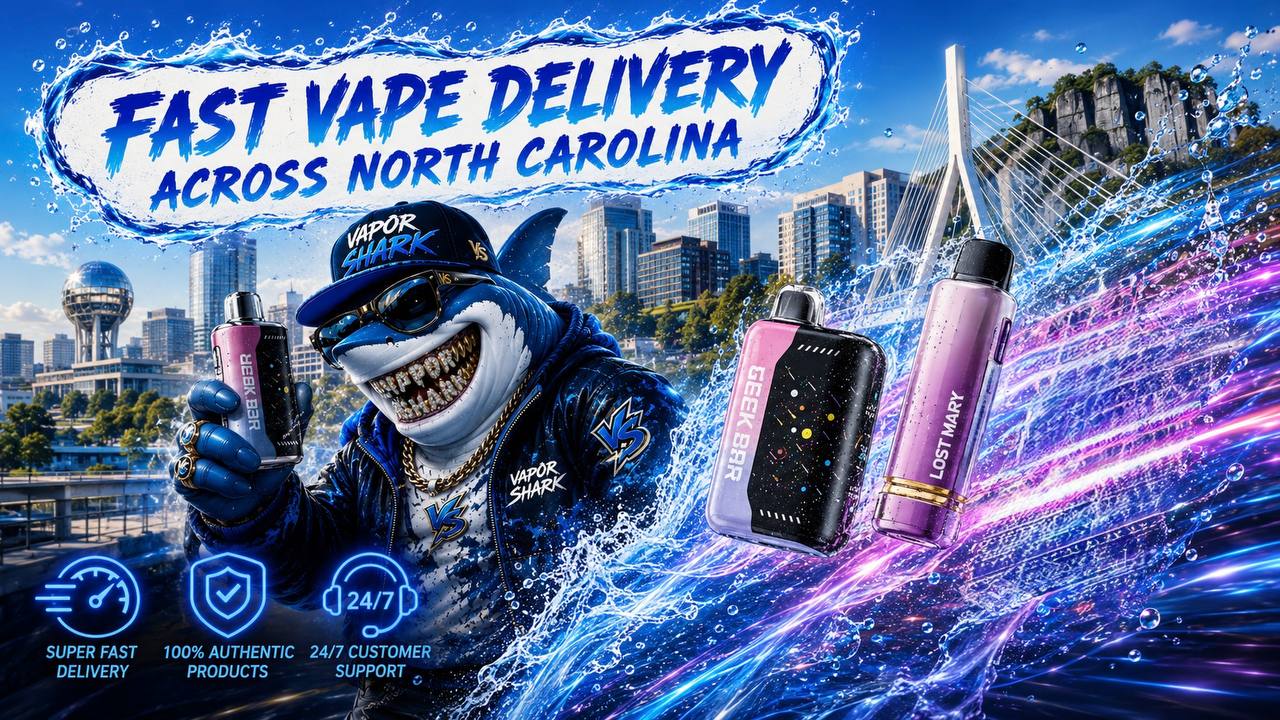 A vibrant promotional banner showcases colorful disposable vapes racing through powerful blue water splashes and glowing energy trails against a bright North Carolina city skyline. A stylish shark mascot wearing a 