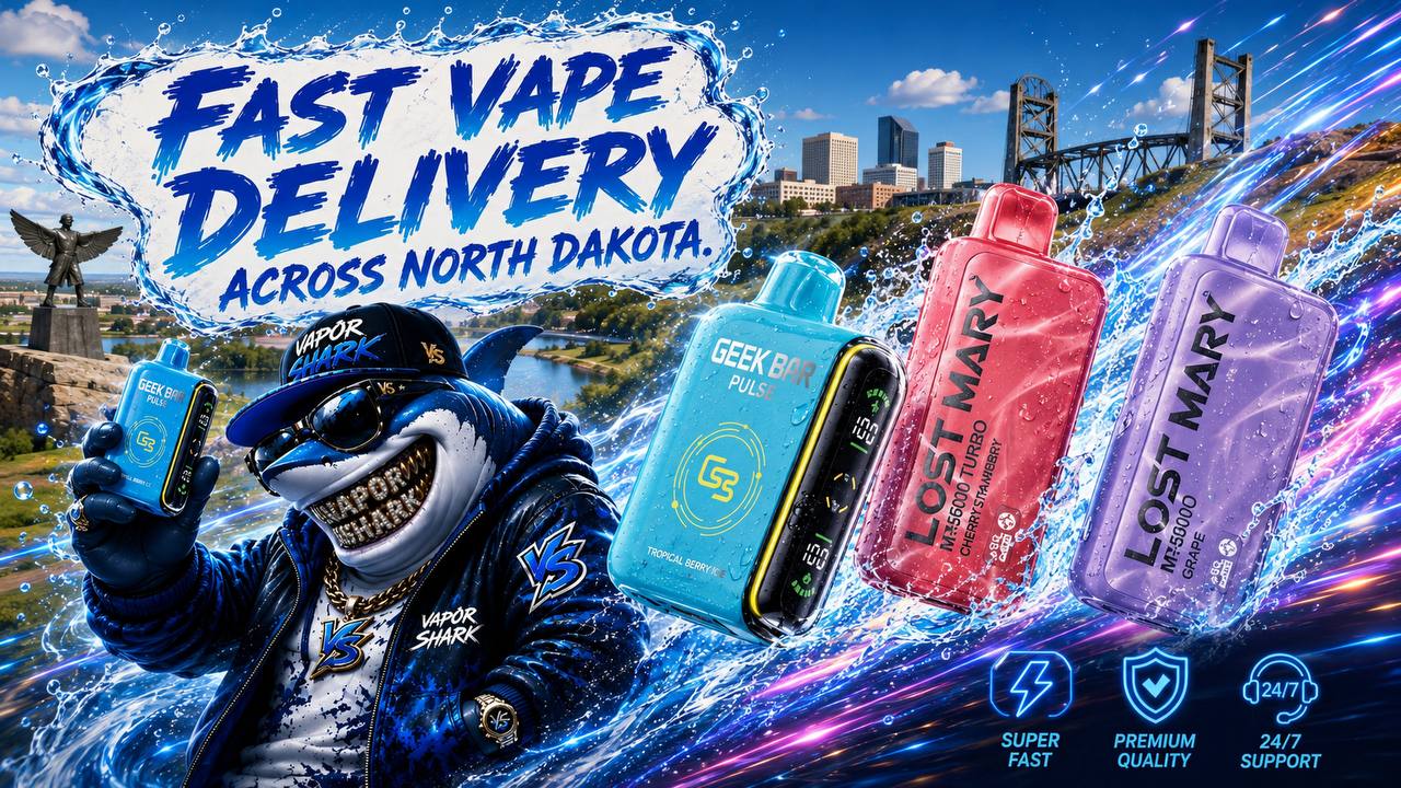 A vibrant promotional banner advertises fast vape delivery across North Dakota, featuring a stylish cartoon shark holding a blue vape device against a city skyline with dynamic water splash effects. Three colorful disposable vapes are displayed on the right, surrounded by energetic blue and purple light streaks and water droplets. The design includes bold text, service icons for speed, premium quality, and 24/7 support, creating a modern and eye-catching advertisement.