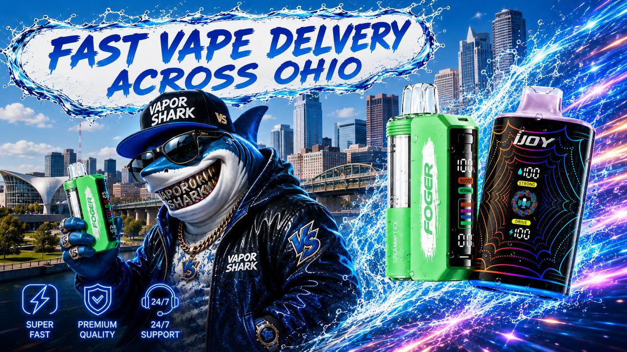 A bold promotional banner features a stylish shark mascot wearing sunglasses and branded apparel while holding a green disposable vape in front of the Ohio skyline. Two colorful vape devices are highlighted with dramatic water splashes and vibrant energy effects that create a sense of speed and excitement. Large headline text promotes fast vape delivery across Ohio, while glowing icons emphasize super-fast service, premium quality, and 24/7 customer support.