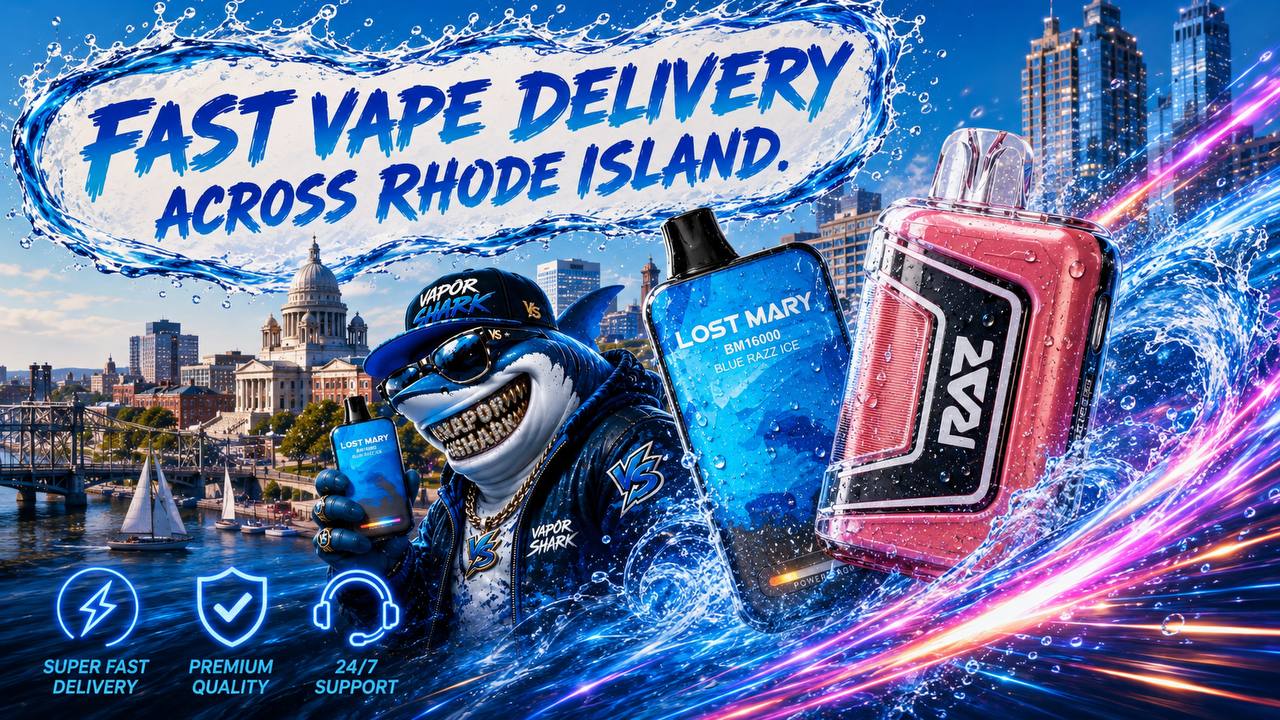 Pink and blue vape devices with glossy finishes and water droplets featured in a vibrant splash-themed promotional design.