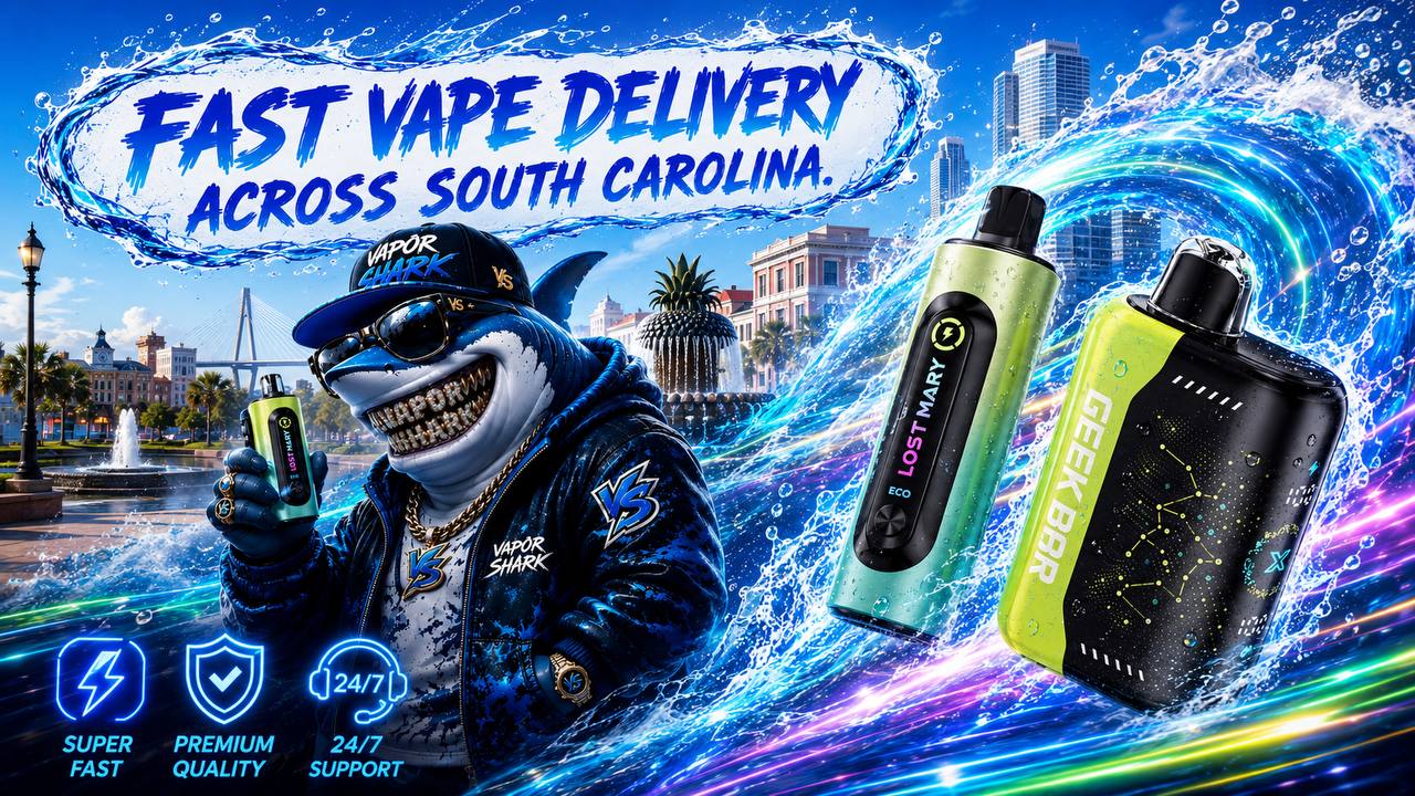 Green and black vape devices with glossy finishes and water droplets displayed in a vibrant splash-themed promotional design.