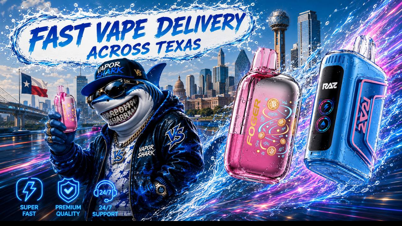 Foger and RAZ disposable vapes with water splash effects, showcasing sleek designs and fast vape delivery across Texas.