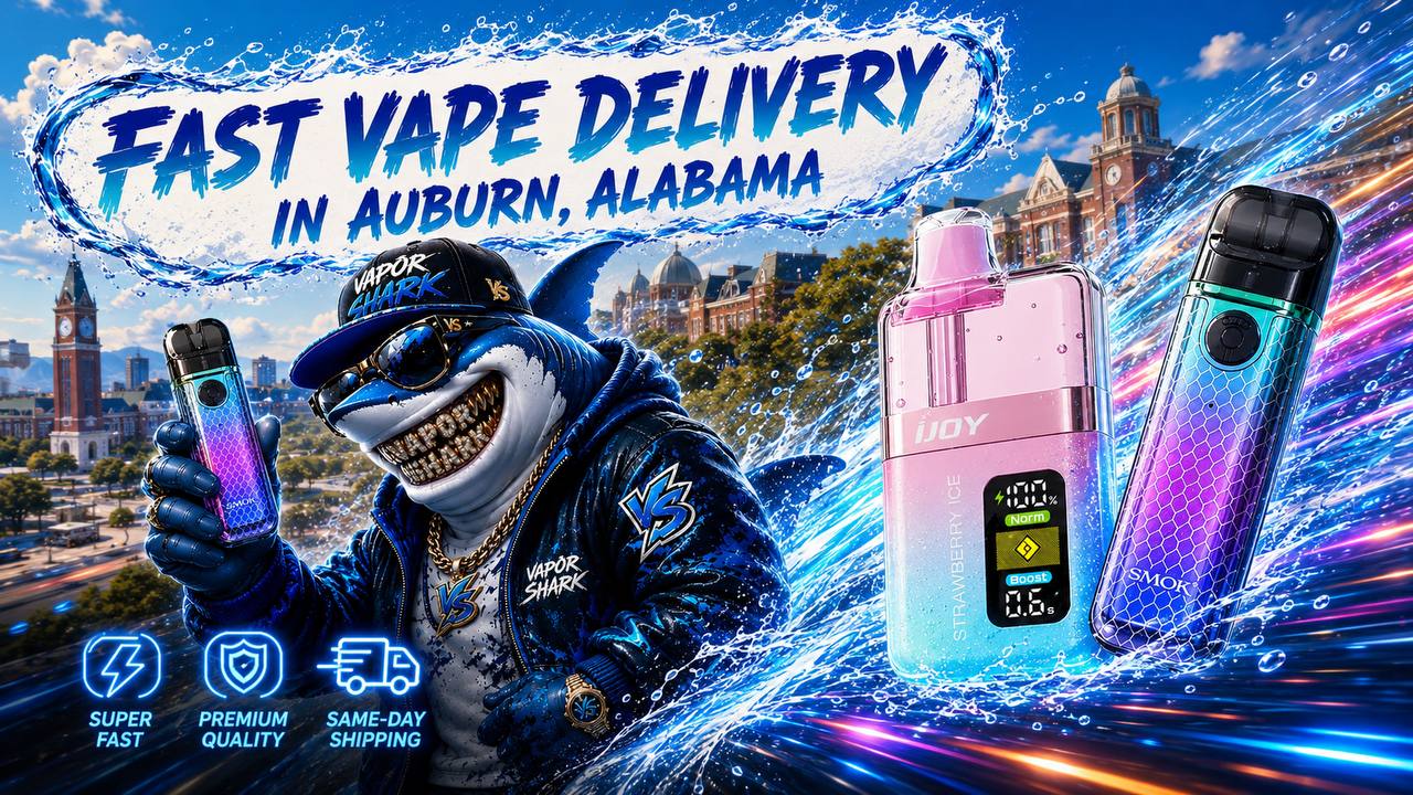 Three colorful vape devices with water splashes and a Vapor Shark mascot against an Auburn, Alabama city backdrop.