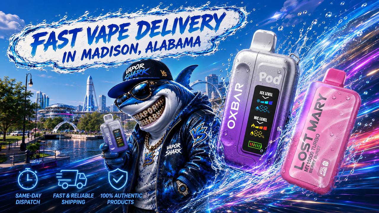 OXBAR and Lost Mary vape devices with water droplets and dynamic splash effects against a bright city backdrop.