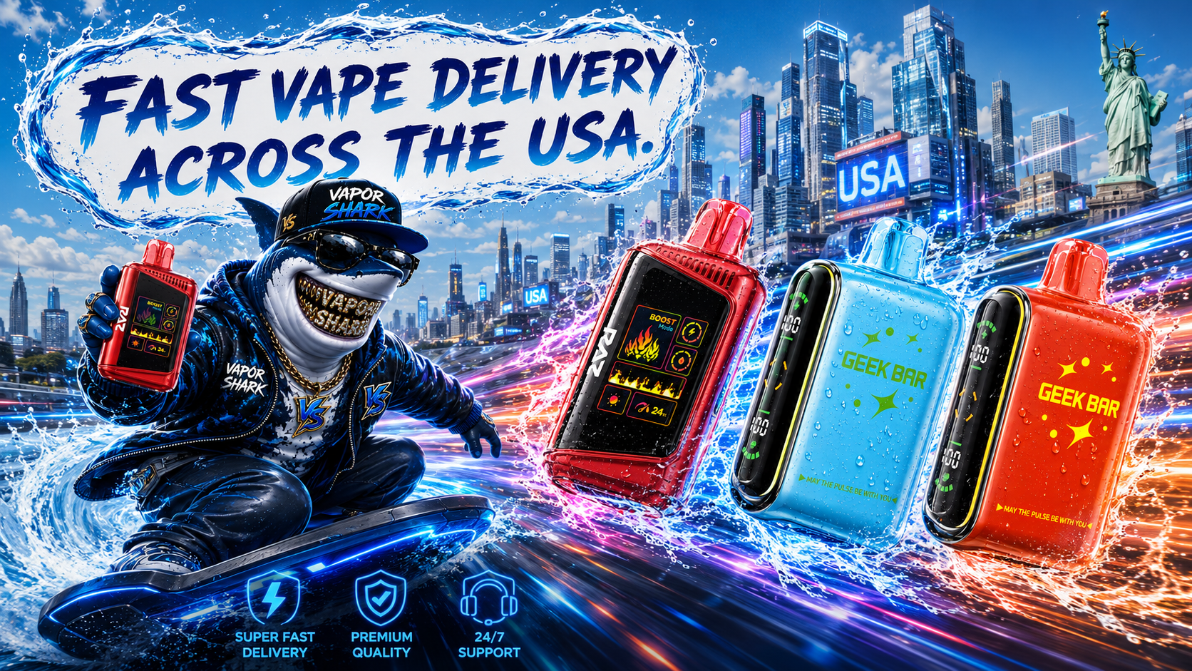 A colorful promotional banner features a shark mascot riding a futuristic hoverboard while holding a RAZ disposable vape, surrounded by vibrant Geek Bar and RAZ devices covered in sparkling water droplets. The background showcases a modern American city skyline with the Statue of Liberty, glowing neon lights, and dynamic water and energy effects, alongside the headline “Fast Vape Delivery Across the USA.” Service icons at the bottom emphasize super fast delivery, premium quality, and 24/7 customer support.