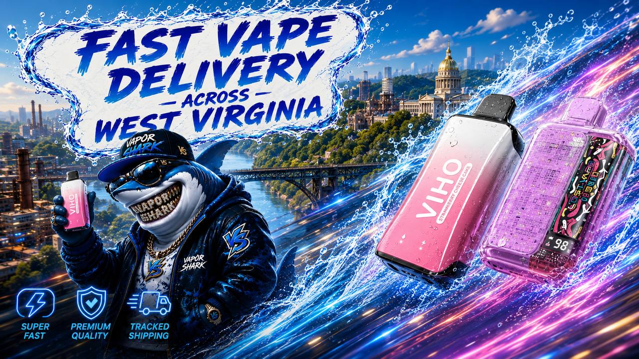Pink and purple disposable vape devices with sleek designs and digital display on a vibrant blue splash background.